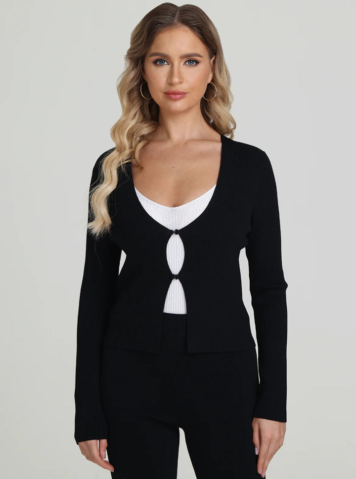 Jess Button Front Cropped Cardigan - Black
